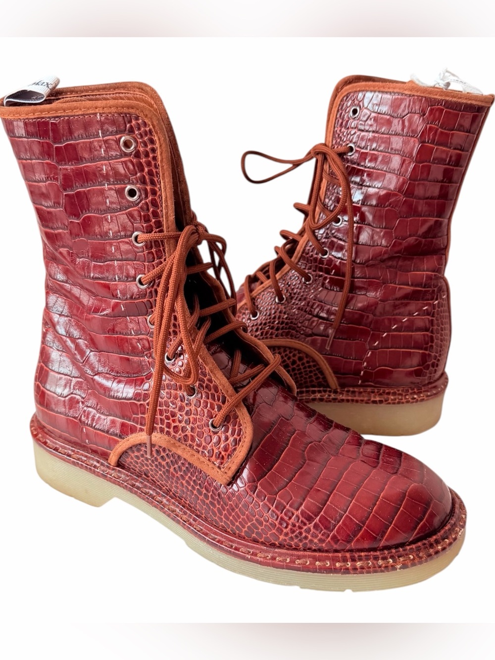 Max Mara Crocodile Print Leather Combat Boots Size 38 Women’s